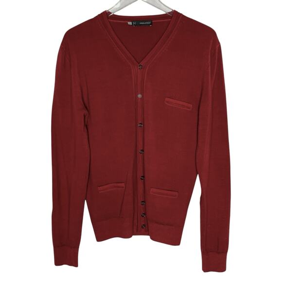 DSQUARED2 M V Neck Wool Fine Knit Cardigan Sweater Elbow Patches Red